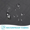 Close-up of a dark gray textured fabric with water droplets on it, indicating its waterproof quality. A blue and white icon with water droplets and the text 'WATERPROOF FABRIC' is visible at the bottom left. Produktbild-Vorschau