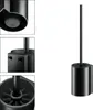A black toilet brush set with a metal housing and a long handle, shown against a white background. The image is composed of three cropped sections on the left, showing details of the brush head, the housing, and the top of the brush, and a full view of the Anteprima dell’immagine prodotto