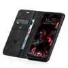 A black flip case for a smartphone, open to reveal card slots and a phone screen displaying the time and date. Produktbild-Vorschau