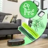 A robotic vacuum cleaner and its accessories are displayed on a floor next to a sofa, with a graphic overlay showing a person relaxing. Voir les images du produit