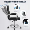 A black office chair is shown from the side with various adjustment features highlighted with text and diagrams. Produktbild-Vorschau