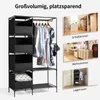 Collage showing a black fabric wardrobe with clothes hanging and storage bins, with lifestyle images of the wardrobe in different room settings. Produktbild-Vorschau