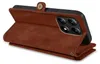 A brown leather wallet-style phone case for a Xiaomi 14T is shown from a diagonal angle, with the phone inserted and the wallet flap open. Produktbild-Vorschau
