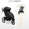 A black stroller with accessories, including a rain cover, and icons representing weather protection and quality. Náhled obrázku produktu