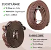 Two brown horse reins are shown, one coiled and the other laid out with text descriptions of their features. Produktbild-Vorschau