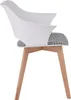 A side view of a white chair with a patterned seat and wooden legs, isolated on a white background. Produktbild-Vorschau
