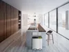 A modern, minimalist kitchen with a sleek stainless steel trash can on the island. Podgląd zdjęcia produktu