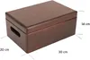 A brown wooden storage box with dimensions indicated by measurement lines and text. Produktbild-Vorschau