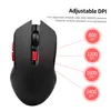 A black wireless computer mouse with red accents, shown from a top-down perspective, with callouts indicating adjustable DPI settings. Produktbild-Vorschau