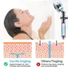 A woman is showering, with diagrams illustrating the difference between the product's showerhead and others. Produktbild-Vorschau