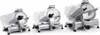 Three silver meat slicers of different sizes are displayed side-by-side against a white background. Náhled obrázku produktu