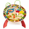 A round wooden activity table for children, featuring various interactive elements and colorful illustrations. Podgląd zdjęcia produktu