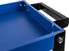 A close-up view of the corner of a blue metal tray with black metal handles attached. Podgląd zdjęcia produktu