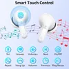 A pair of white wireless earbuds with musical notes in the background, illustrating smart touch controls. Produktbild-Vorschau