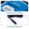 Two images showing details of an electric air pump. The top image shows the pump's handle and control panel. The bottom image shows the vehicle-mounted plug and cord. Podgląd zdjęcia produktu