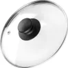 A close-up view of a glass pot lid with a black handle and a silver rim. Podgląd zdjęcia produktu