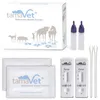 A veterinary rapid test kit for parvovirus, including test cassettes, vials, and swabs, presented with its packaging. Produktbild-Vorschau
