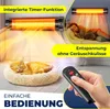 A collage showing an infrared heater in use, a person relaxing, and a cat sleeping, with a remote control in the foreground. Produktbild-Vorschau