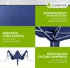 A collage of images showcasing the features of a blue pop-up tent, including fabric detail, frame structure, and folded state, with accompanying German text descriptions. Podgląd zdjęcia produktu