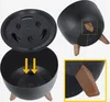 A collage of images showing a black plant pot with wooden legs, including a close-up of the leg attachment and an interior view. Náhled obrázku produktu