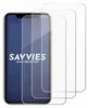 Three transparent screen protectors are shown layered on top of each other, with the front-most protector partially covering a smartphone screen displaying the brand logo. Produktbild-Vorschau
