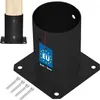 A black metal post base with a wooden post inserted into it, shown with screws. Podgląd zdjęcia produktu