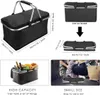 Collage showing a black foldable picnic basket in various states and contexts, including dimensions, folded state, and being packed into a car. Produktbild-Vorschau