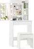 A white vanity table with a mirror and stool, featuring makeup products on shelves. Voir les images du produit
