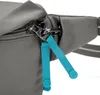 A close-up view of the zipper and pull tabs of a gray bag. Voir les images du produit