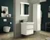 A modern bathroom with a wall-mounted toilet, vanity, and a tall cabinet. Anteprima dell’immagine prodotto