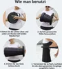 Instructions for using a portable folding stool, shown in four steps. Produktbild-Vorschau