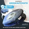 A toilet seat and lid with a soccer ball design, shown in a partially open position, with marketing text and warranty information. Náhled obrázku produktu