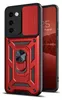 A red and black phone case with a camera cover and a ring holder, shown next to a smartphone. Produktbild-Vorschau