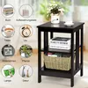 A collage of product features and a main image of a dark brown, three-tiered side table. Podgląd zdjęcia produktu