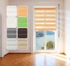 A collage of different color swatches for blinds next to a window with orange blinds installed. Produktbild-Vorschau