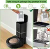 A robotic vacuum cleaner and its charging/emptying station are shown, along with images demonstrating the dirt collection process. Podgląd zdjęcia produktu