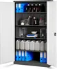 An open metal cabinet filled with various lab supplies and storage items. Voir les images du produit