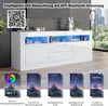 A white LED-lit TV cabinet with various app interfaces displayed below. Produktbild-Vorschau