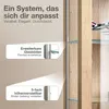 A close-up view of a wooden cabinet with glass shelves, highlighting adjustable shelf features. Produktbild-Vorschau