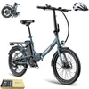 A blue folding electric bicycle is shown on a white background, with a helmet and a gift box in the lower left corner. Produktbild-Vorschau