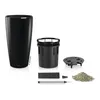 A black planter and its components are displayed on a white background. Produktbild-Vorschau