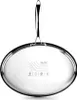 The underside of a stainless steel frying pan with a handle, showing manufacturer's markings and compatibility symbols. Produktbild-Vorschau