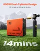 An orange compressor unit connected to a black gas cylinder, set against a backdrop of mountains and grass. Produktbild-Vorschau