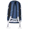 The back view of a blue backpack with white straps and buckles. Produktbild-Vorschau