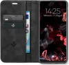 A black flip-style phone case with card slots and a phone inside, displaying a lock screen. Produktbild-Vorschau