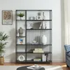A modern black metal bookshelf filled with decorative items and books. Náhled obrázku produktu