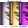 A collage showing a vertical plant grow light in three different lighting modes: full spectrum, red+blue spectrum, and warm white. Each mode is displayed with a different colored background and a plant leaf. Náhľad obrázku produktu