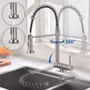 A kitchen faucet is shown in a sink, with close-up insets demonstrating water flow and spray patterns. The faucet is shown in multiple positions to illustrate its flexibility and 360-degree rotation. Podgląd zdjęcia produktu