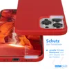 A red silicone phone case is shown from a diagonal angle, with a close-up of the camera bump and the bottom edge of the phone. The phone screen displays a landscape image. Text overlays highlight product features and branding. Produktbild-Vorschau