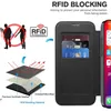 Diagrams and text explaining the RFID blocking feature of a phone case, with a phone case shown with cards inserted. Produktbild-Vorschau